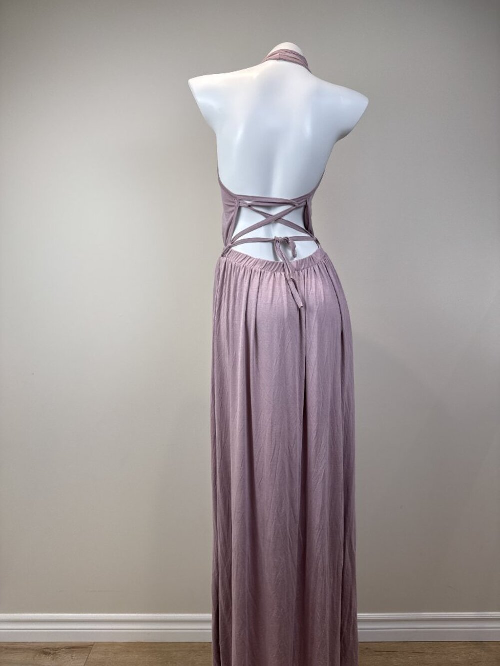 GO Couture Womens Mauve Micro Modal Plunge Halter Maxi Dress Size L - Picture 4 of 6